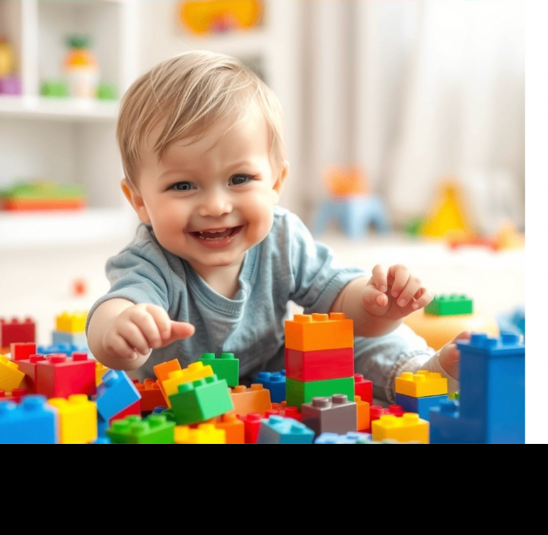 Baby exploring colorful learning blocks