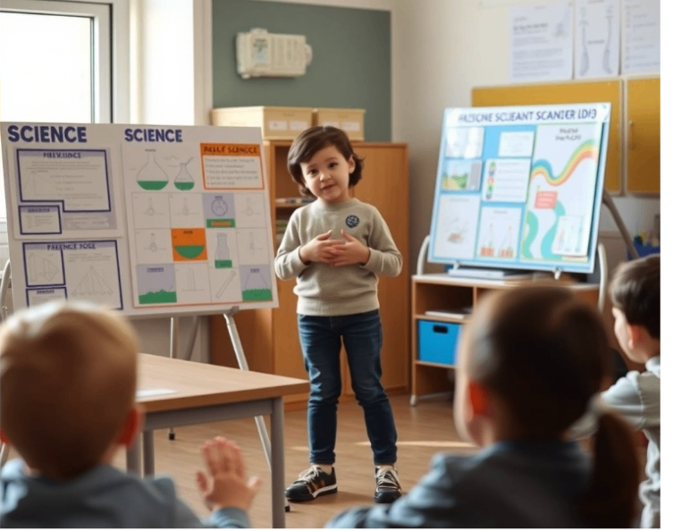 Young child presenting in a science classroom